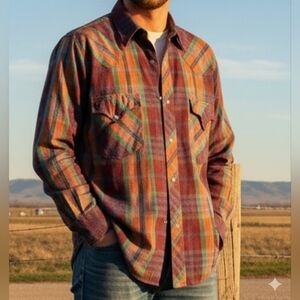 Vtg Prior Denver Usa Pearl Snap Button‎ Down Small Cowboy Ranch Plaid Burgundy